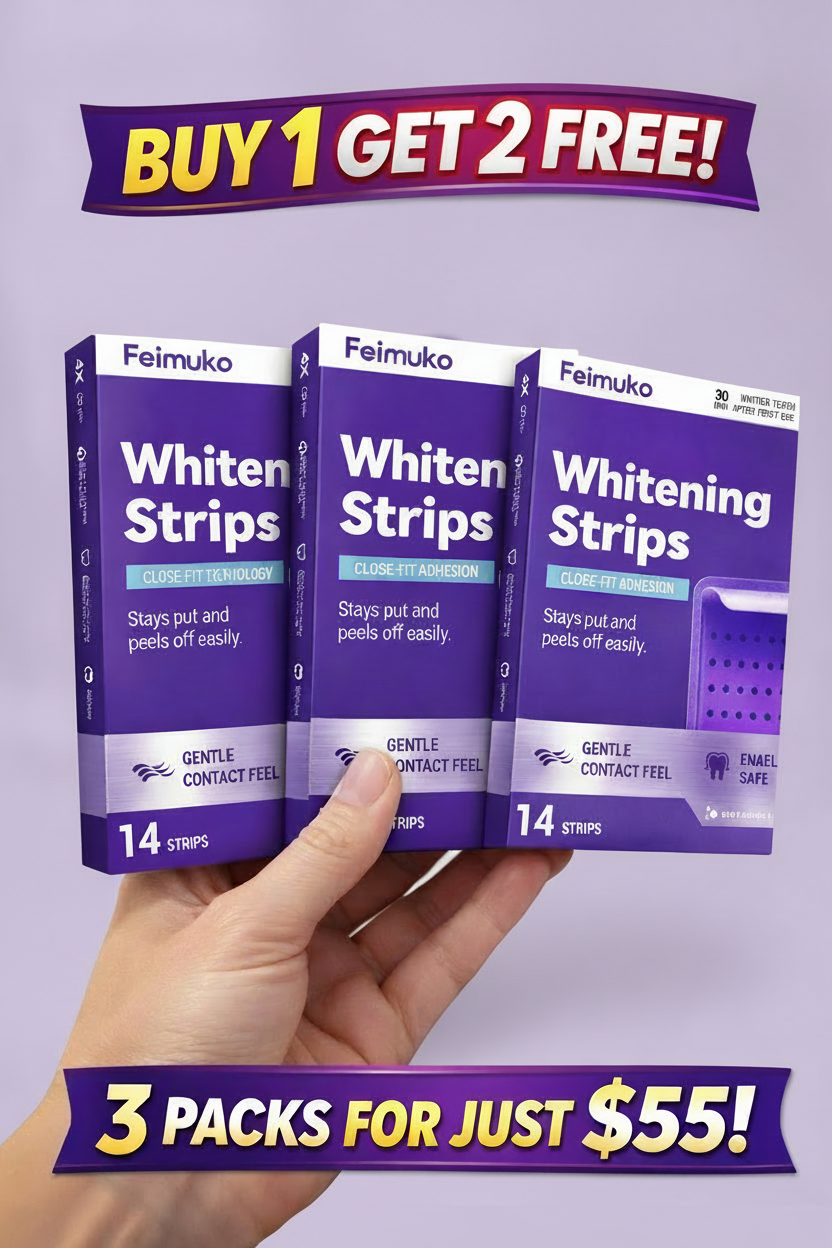 Feimuko Whitening Strips with solid purple background